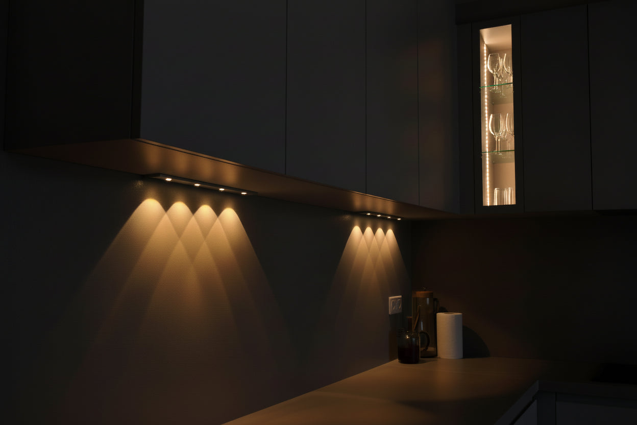 Wall-mounted light fixture casting a warm glow on a textured wall.